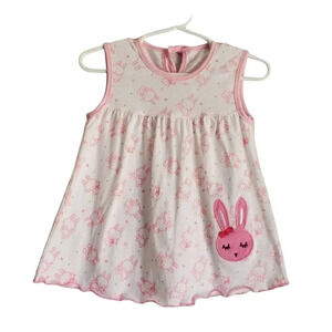 6-12m Baby Girls Dress. White with Pink Bunny. Cotton Dress For Baby